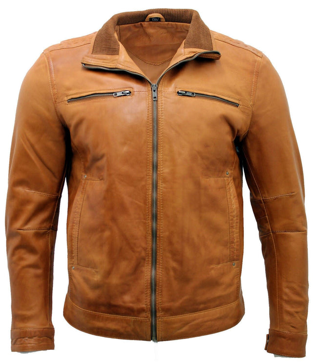 Mens Classic Leather Biker Jacket-Caracas - Tan