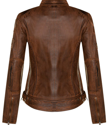 Womens Biker Racing Badges Leather Jacket-Eastleigh - Tan