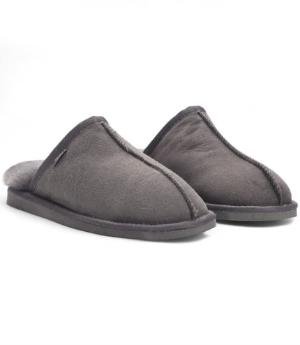 Men's Genuine Sheepskin Grey Suede Mule Winter Warm Non-Slip - Highland