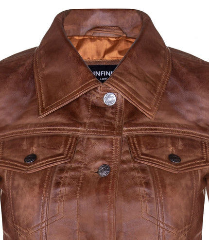 Womens Leather Trucker Jeans Jacket-Anderlecht - Tan