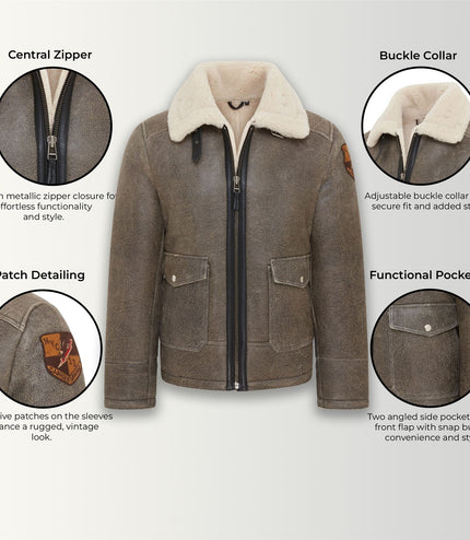 Men's Grey B3 Real Shearling Sheepskin WW2 Bomber Leather Flying Aviator Jacket