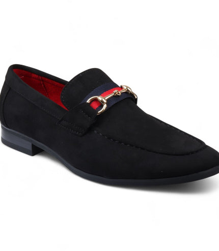 Men's Black Suede Loafers with Gold Buckle Slip-On Dress Shoes