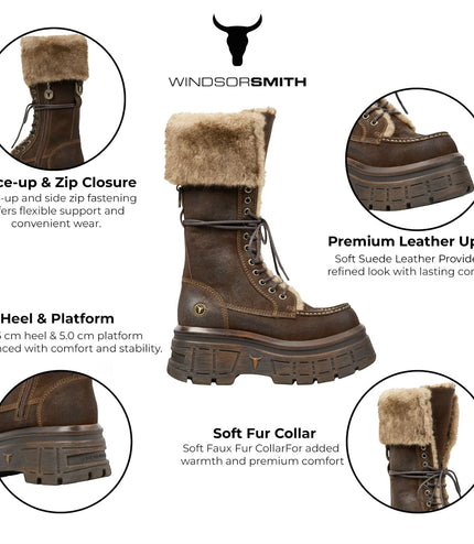 Windsorsmith Women's Brown Suede Leather Platform Combat Fur Boots - Saintly
