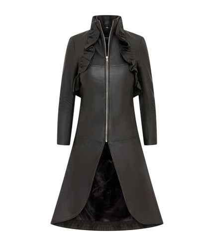 Womens Goth Black Leather High Collar Victorian Flare Tailcoat - Challa