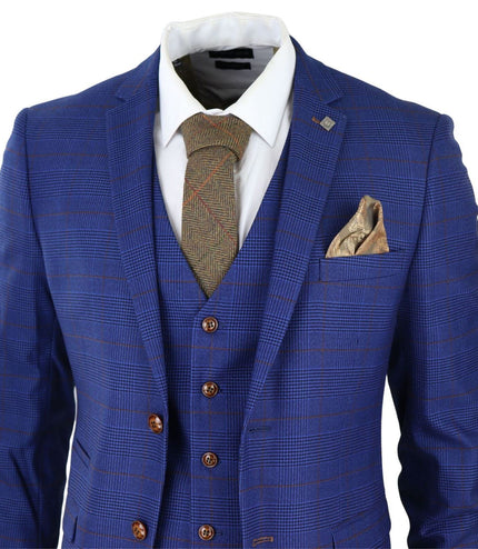 Mens Blue Brown Check 3 Piece Tailored Fit Suit