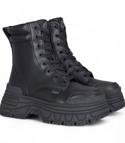 Buffalo Womens Black Chunky Platform Lace Up Mid High Combat Boots - Fusion