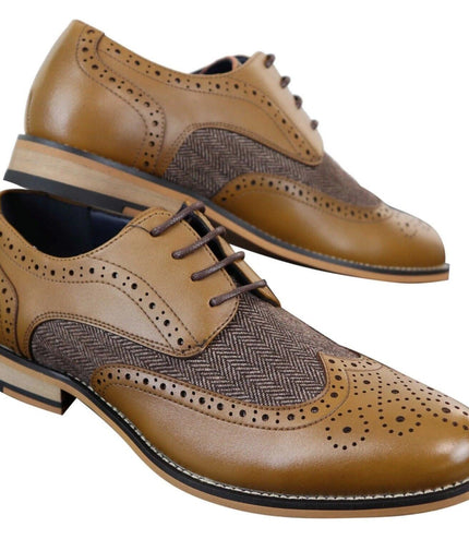 Mens Classic Oxford Tweed Brogue Shoes In Tan Leather