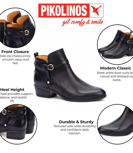 Pikolinos Women's Black Leather Ankle Bootie Zip Heel Boots - Daroca