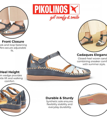 Pikolinos Women's Ocean Blue Leather Semi-Open Wedge Sandal Shoes - Cadaques