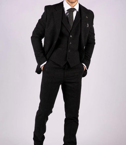 Mens Black 3 Piece Tweed Suit Peaky Blinders 1920s Gatsby Classic Tailored Fit