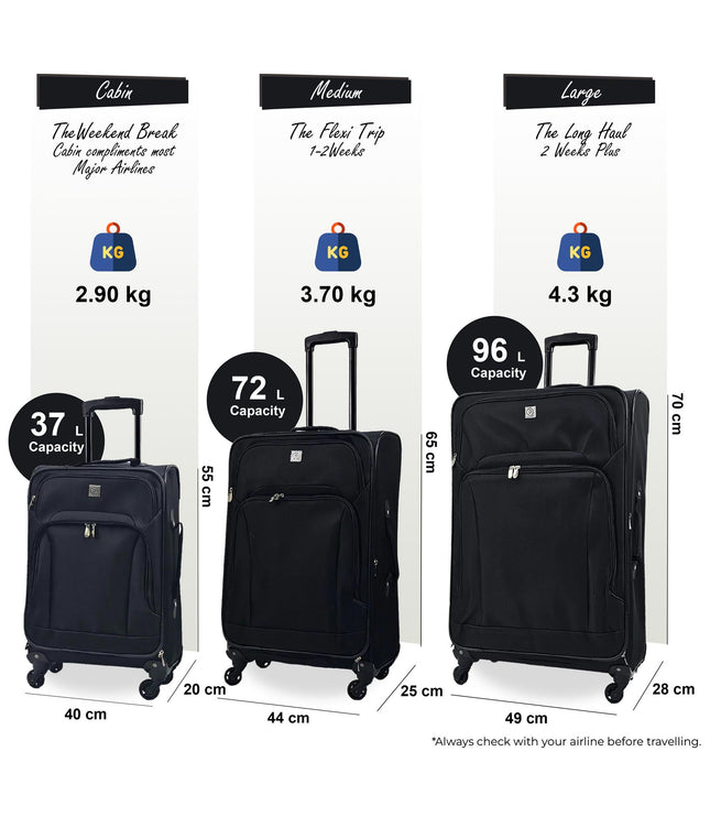 Corsham Set of 3 Soft Shell Suitcase in Black
