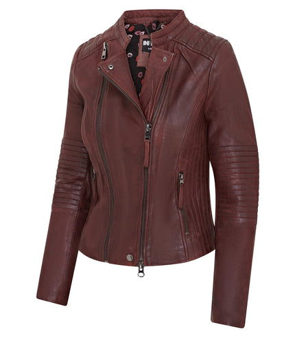 Womens Burgundy Biker Leather Jacket - Delhi