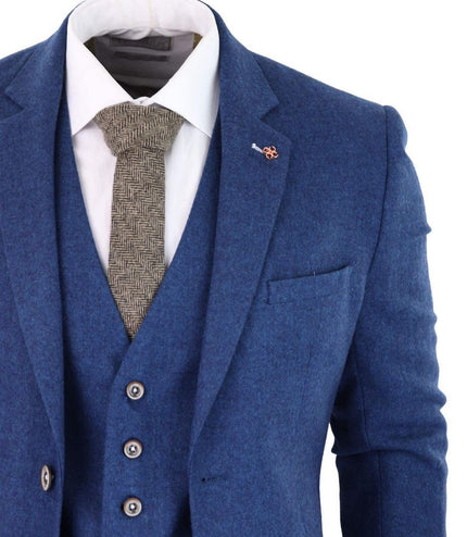Mens 3 Piece Blue Tweed Wool Twill Vintage Classic Suit