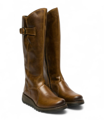 Fly London Womens Camel Brown MOL 2 Leather Wedge Heel Knee High Zip Up Boots