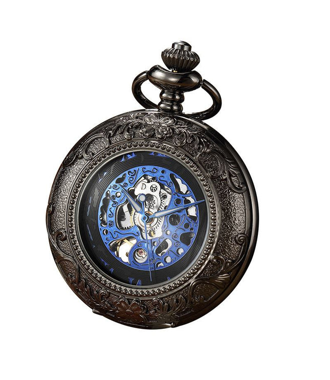 Vinatage Black Mechanical Alloy Skeleton Half Hunter Pocket Watch