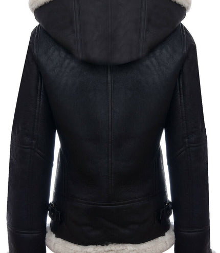 Womens Hooded Sheepskin Flying Leather Jacket-Palermo - Brown Cream