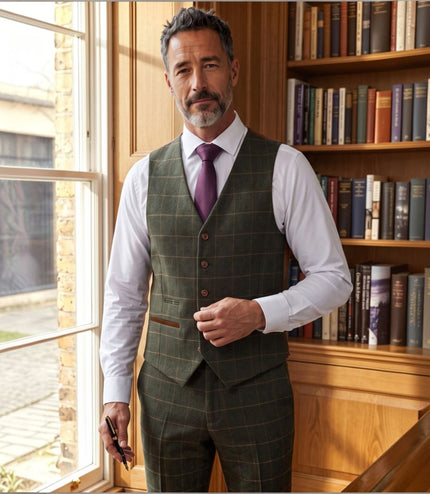 Men's Green Tweed Herringbone Check Waistcoat - Harris
