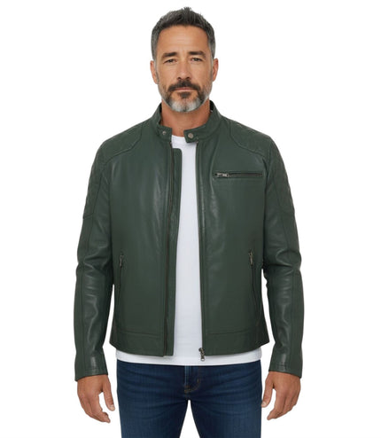 Mens Green Leather Quilted Shoulder Biker Jacket - Rock