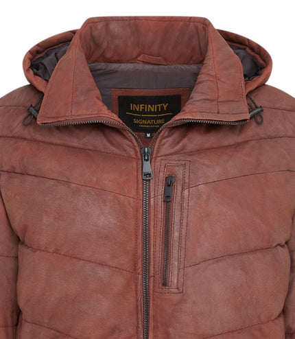 Men's Tan Brown Leather Quilted Jacket Hooded Puffer Winter Coat - Olyic