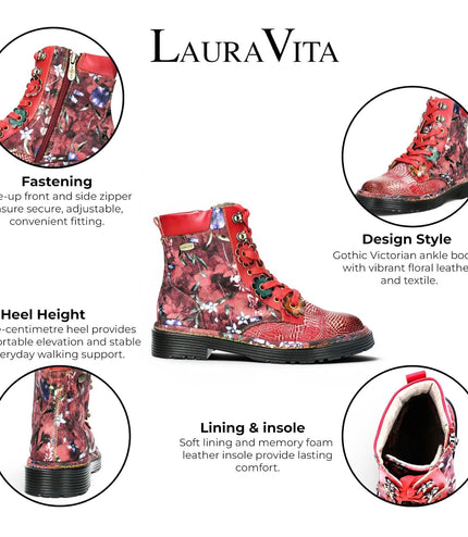 Laura Vita Women's Gothic Victorian Floral Red Leather Lace-Up Boots - Incaso-39