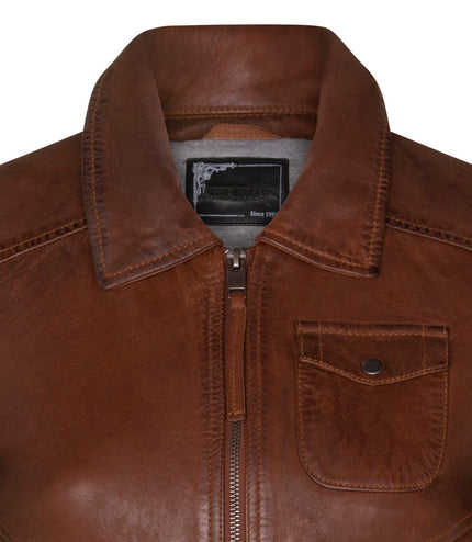 Womens Leather MA-1 Varsity Jacket-Ann Arbor - Tan