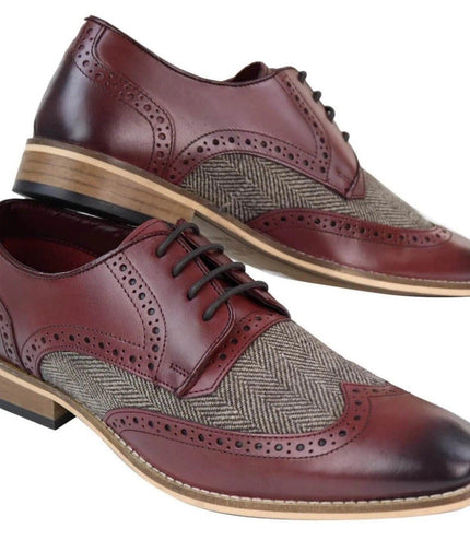 Mens Classic Oxford Tweed Brogue Derby Shoes In Burgundy Leather