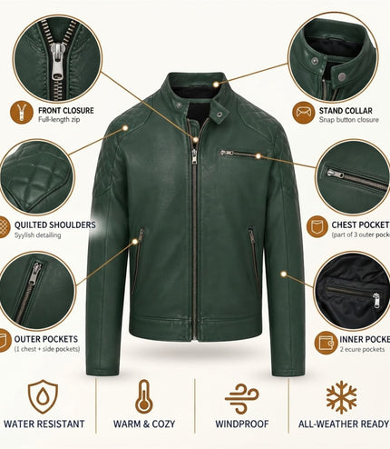 Mens Green Leather Quilted Shoulder Biker Jacket - Rock