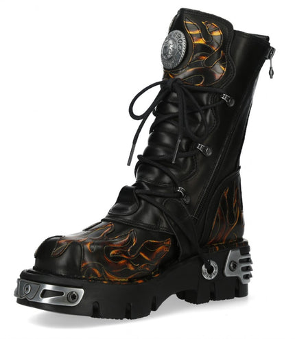 New Rock M-591-C58 Mid-Calf High Black Flame Leather Metallic Gothic Boots