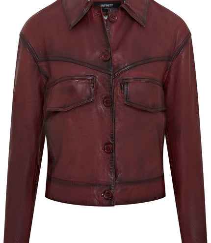 Womens Vintage Classic Lamb Leather Collared Biker Jacket - Ox Red