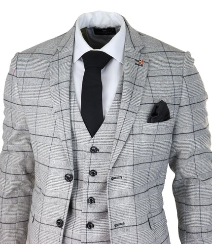 Mens 3 Piece Tweed Suit Grey Check Peaky Blinders 1920 Gatsby Wedding Suit