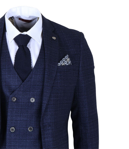 Men's Blue Plain Check 3 Piece Slim Fit Formal Wedding Suit