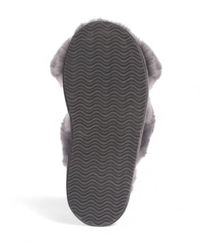 Women's Sheepskin Slippers Grey Warm Winter Fur Crossover - Snowbelle