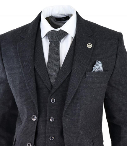 Mens Black 3 Piece Tweed Suit Peaky Blinders 1920s Gatsby Classic Tailored Fit