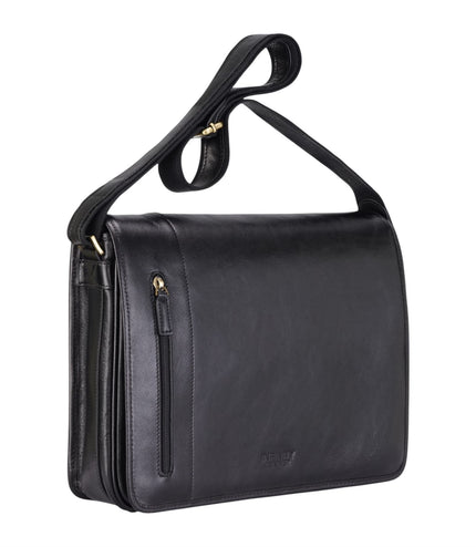 Genuine Leather Black Laptop Satchel Messenger Shoulder Bag - Astor