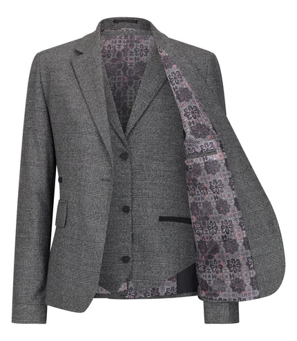 Women's Grey Three-Piece Tailored Fit Suit in Prince of Wales Check