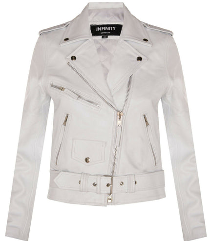 Women's Cowhide Brando Leather Biker Jacket-Murcia - White