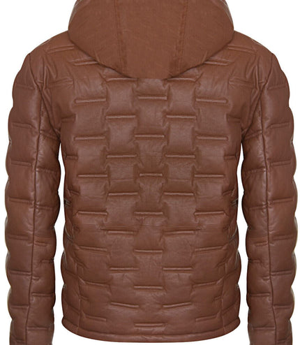 Men's Hooded Puffer Quilted Bomber Leather Jacket - BelÃ©m - Tan