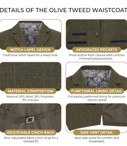 Women's Olive Tailored Fit Tweed Waistcoat Formal Vest - TPSTZ-7