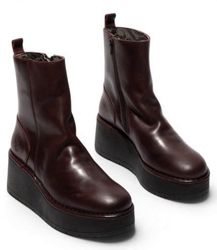 Fly London Women’s Wine Leather Wedge Heel Platform Ankle Boots - HEIJ272
