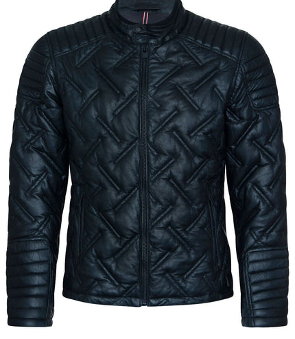 Men's Black Leather Quilted Biker Jacket - Manaus