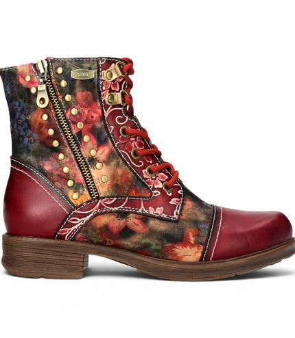 Laura Vita Women's Red Floral Victorian Leather Lace-up Ankle Boots - Anitao - 11