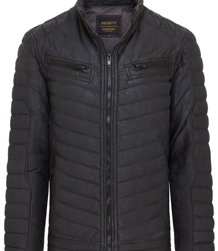 Men's Puffer Leather Biker Quilted Vintage Bomber Jacket - Black