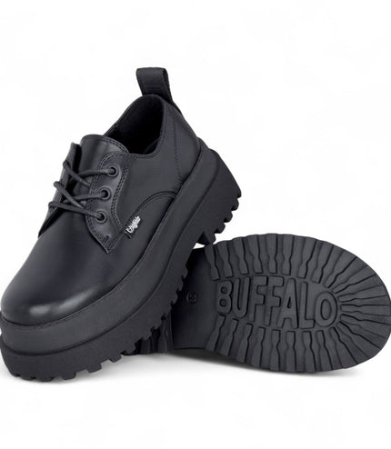 Buffalo Women's Black Lace-Up Chunky Platform Derby Shoes - Pluto