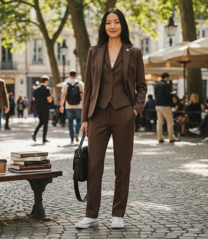 Women's Rust Brown Herringbone Wool Tweed Blazer Waistcoat 2 Piece Set - WS-1