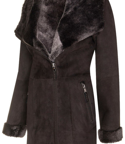 Womens Merino Sheepskin Hooded Coat-Antioch - Brown