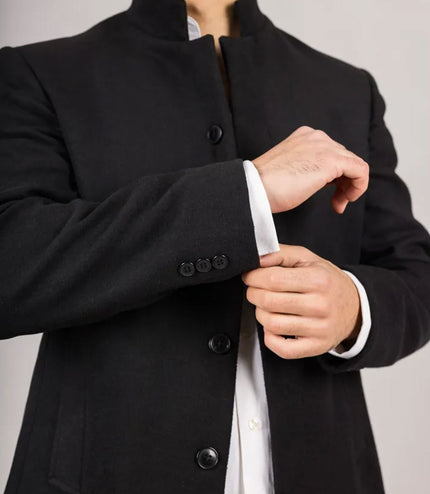 Men's Black Stand Collar Wool Blend Overcoat