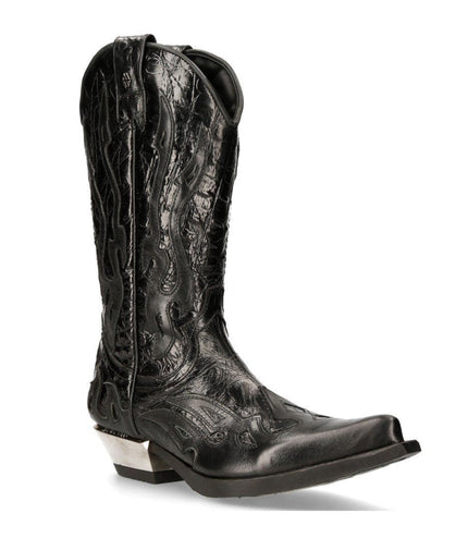 New Rock Flame Accented Black Leather Biker Cowboy Boots- M-7921-S1