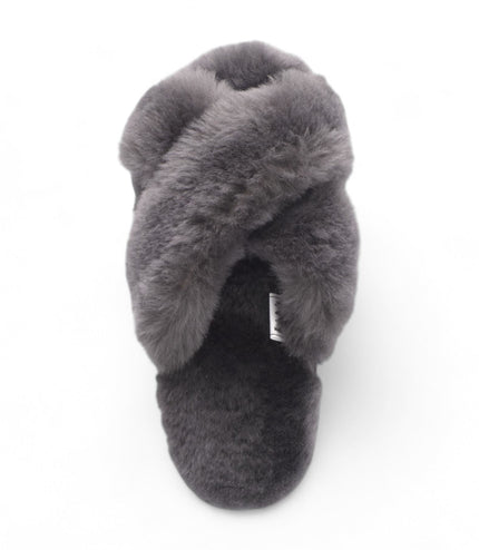 Women's Sheepskin Slippers Grey Warm Winter Fur Crossover - Snowbelle
