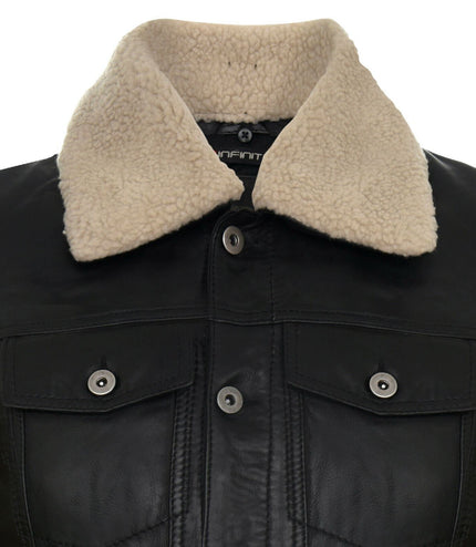 Mens Removable Collar Leather Trucker Jacket-Zagreb - Black