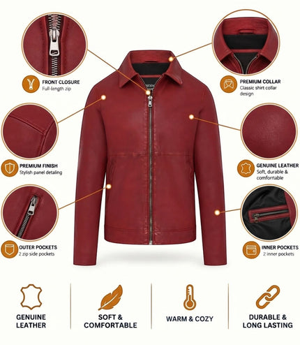 Mens Leather Red Harrington Collar Biker Jacket - Alpha
